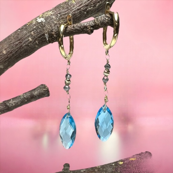 18k Gold Swiss Blue Topaz Earrings - Celebrate December Birthstone Brilliance - Picture 1 of 9